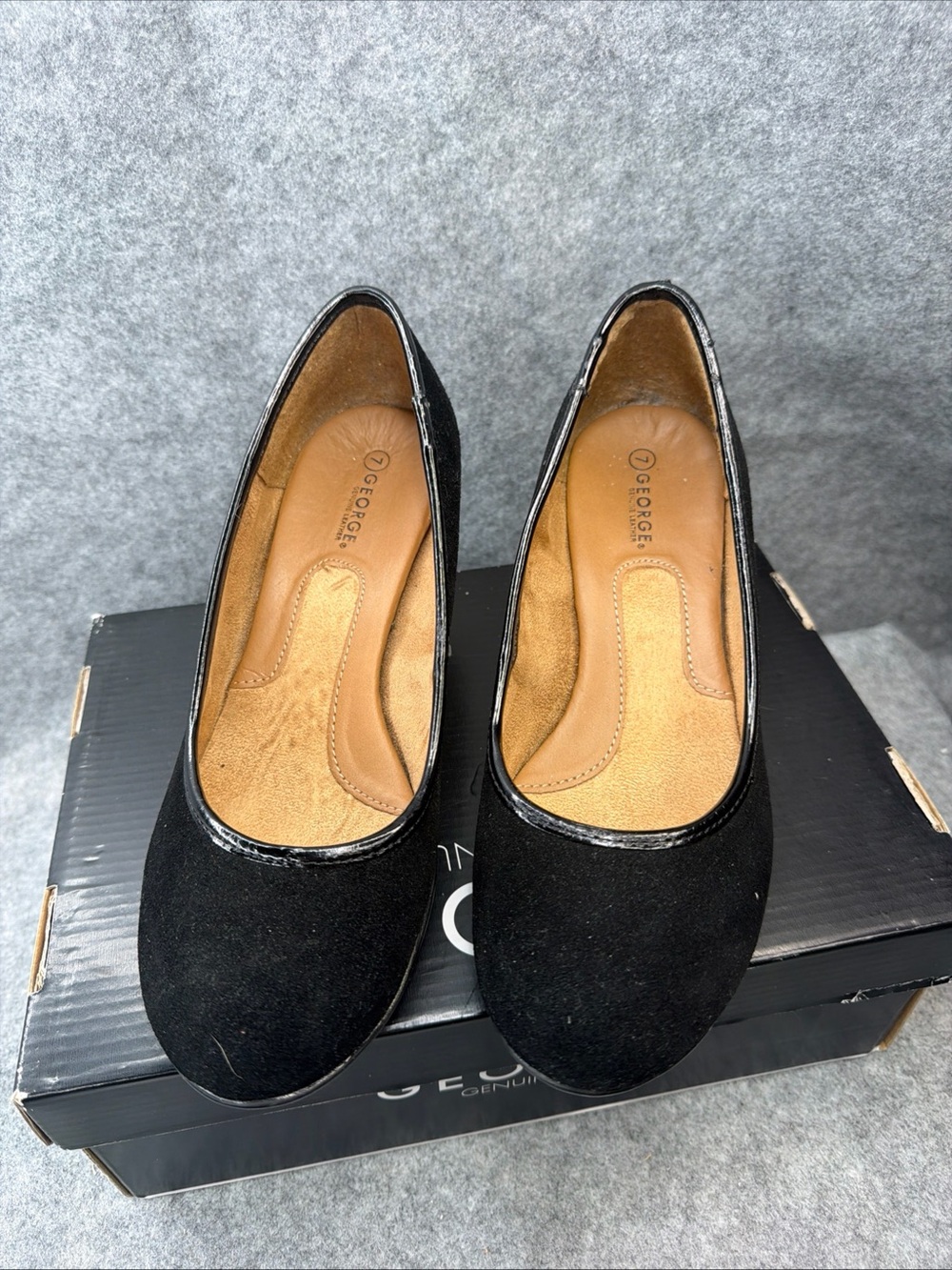 George Genuine Leather Black Wedge Pumps Women’s Size 7 Slip On Comfort Shoes